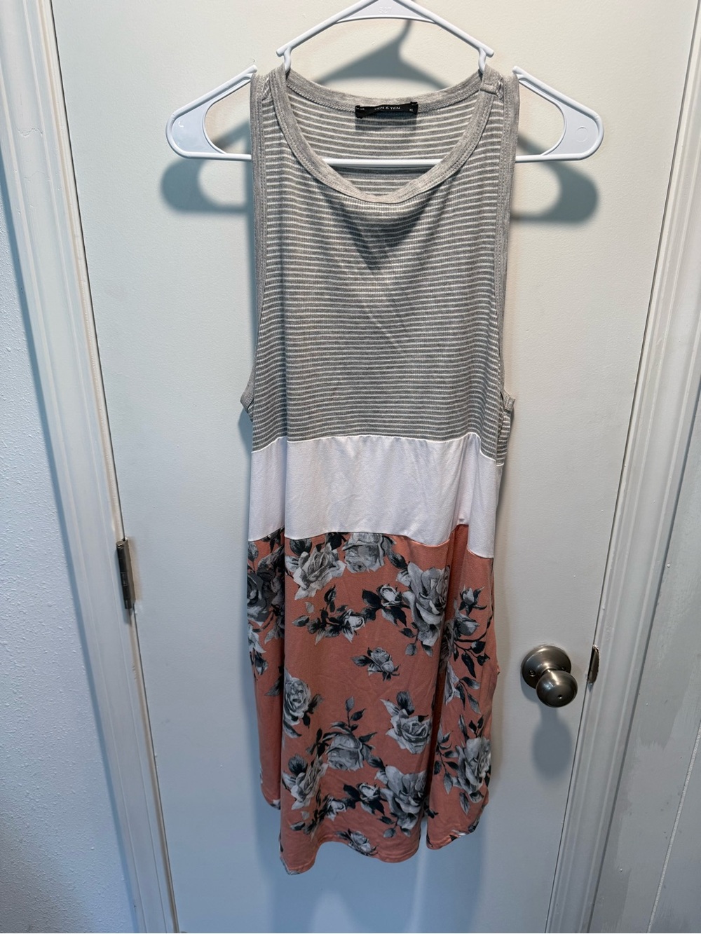Sleeveless Striped & Floral Panel Midi Dress - Peach, Gray & White